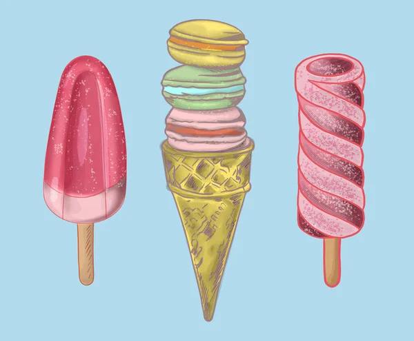 Illustrazione vettoriale di tre gelati di diverse forme e dimensioni su sfondo azzurro — Vettoriale Stock