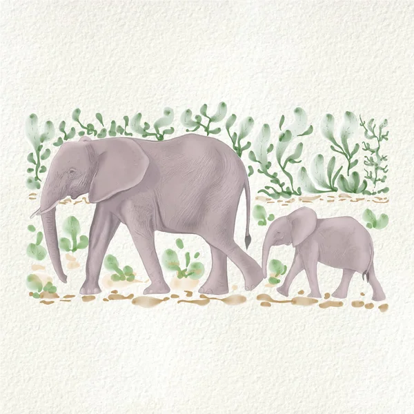 Wektorowa ilustracja słoni: mama i syn wśród zielonych liści w akwarelowym stylu na jasnym tle — Wektor stockowy