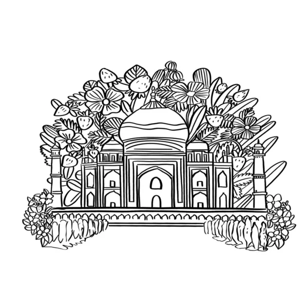 Illustration Sketch Black Color Taj Mahal Coloring Books Plants Flowers — Stock Photo, Image