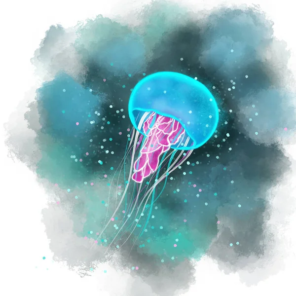 Cyfrowa Ilustracja Neonowego Blasku Niebieskiego Liliowego Koloru Musującymi Meduzami Czarnym — Zdjęcie stockowe