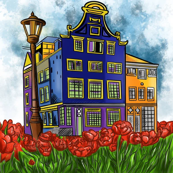 Illustration Colored Drawing Multi Storey House Vintage Style Blue Background — Stock Photo, Image