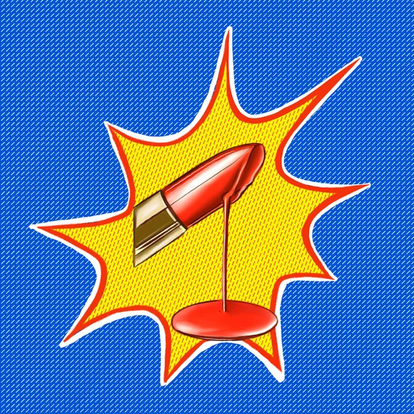 Illustration drawing of a red female lipstick on a yellow-blue background. Fashion female cosmetics accessory in pop art style