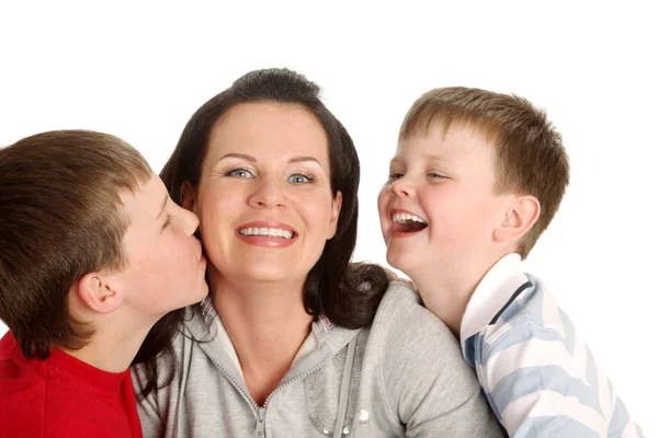 Two Sons Kiss His Mother — Stock Photo, Image