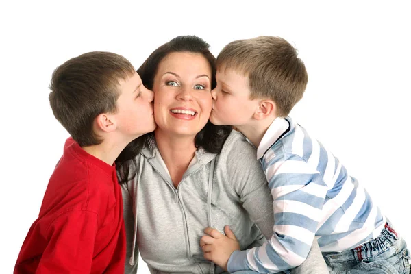 Two Sons Kiss His Mother — Stock Photo, Image