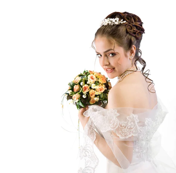 Beautiful young bride in veil and dress on white background. Bar — Stock Photo, Image