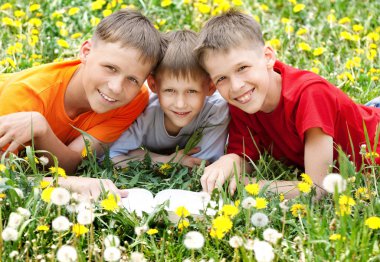 Üç gülümseyen çocuklar dandelions ande bo okumak glade üzerinde yalan