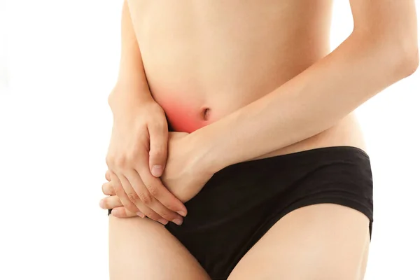 Tubuh Slim Wanita Muda dengan Sakit dengan Appendicitis — Stok Foto