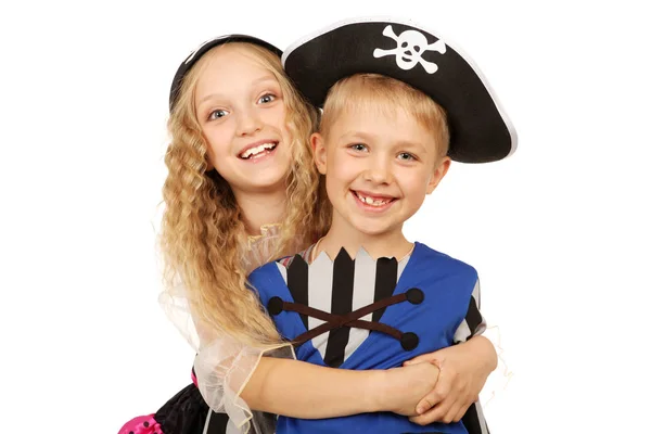 Little Boy and Girl in Costumes of Pirates Embracing — Stock Photo, Image