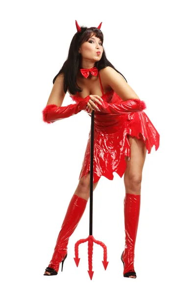 Genç seksi şeytan Kırmızı kostümlü Halloween için gider — Stok fotoğraf