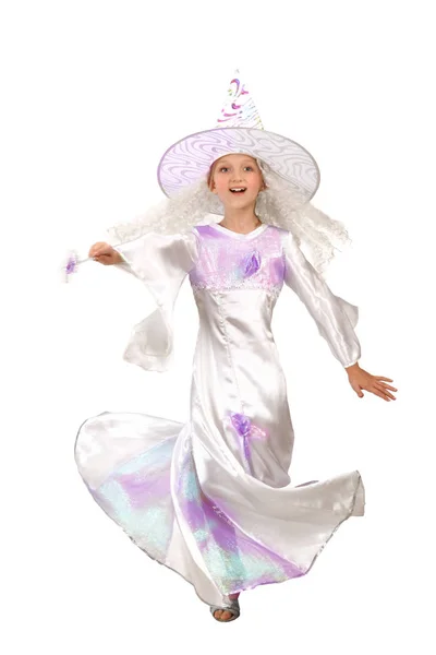 Charming Little Witch Whirling in Dance with a Magic Wand — Stock Photo, Image