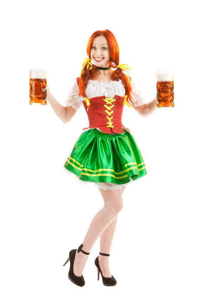 Happy Woman in Traditional Costume Holding Two Beer Glasses.. — Stock Photo, Image