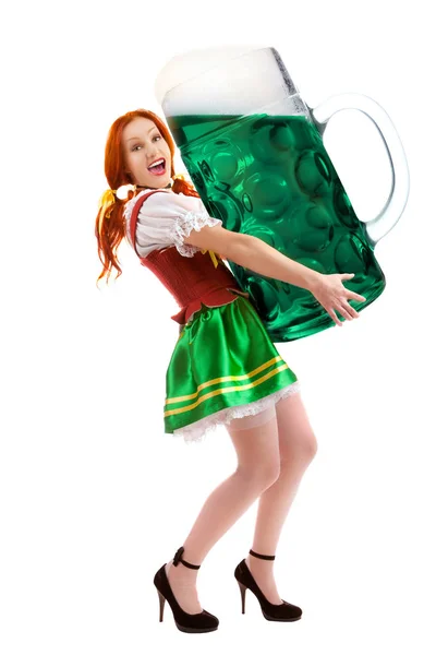 Happy Woman in Traditional Costume  Holding  a Giant Beer Glass — Stock Photo, Image