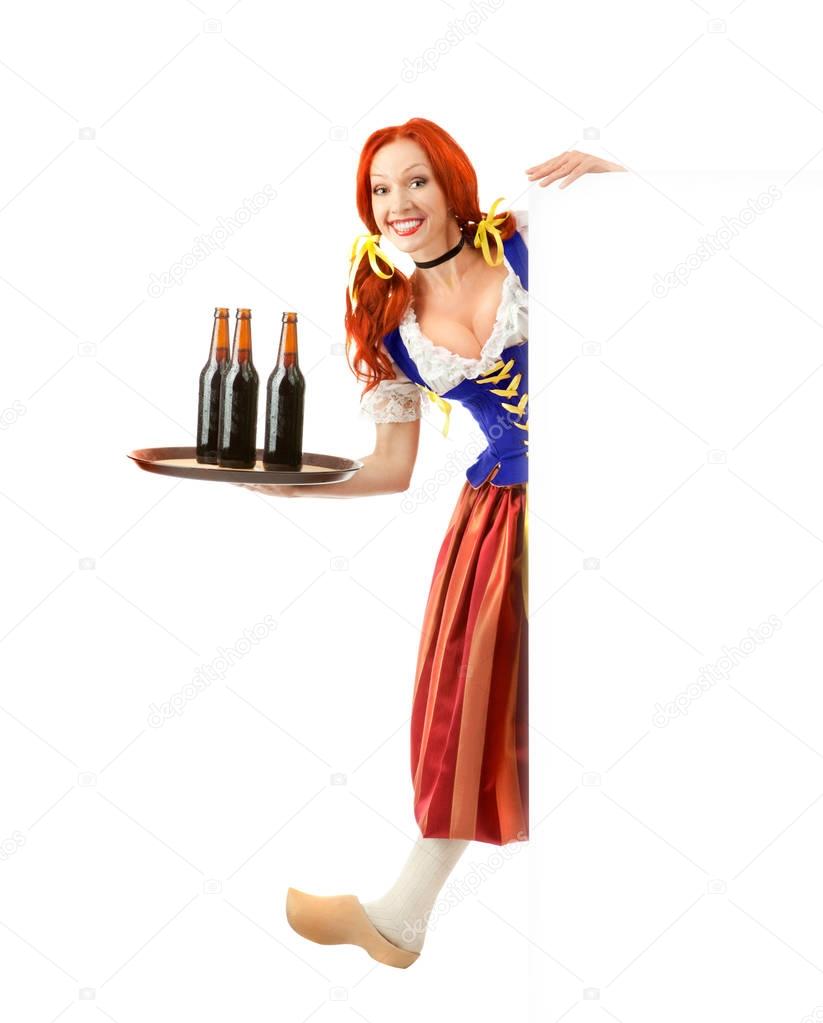 Happy Woman in Traditional Costume and a wooden shoe with three 