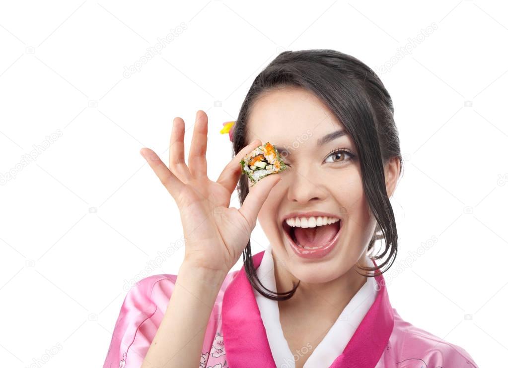 Happy Woman with Sushi