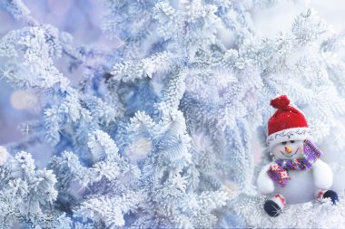 Bir kar ağaç dalına asılı Noel kardan adam