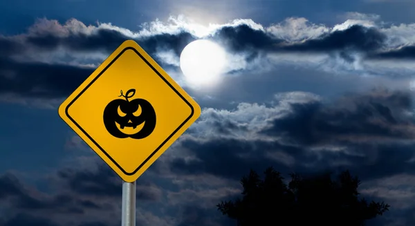 Full Moon in the Night Sky and Halloween Road Sign - Pumpkin
