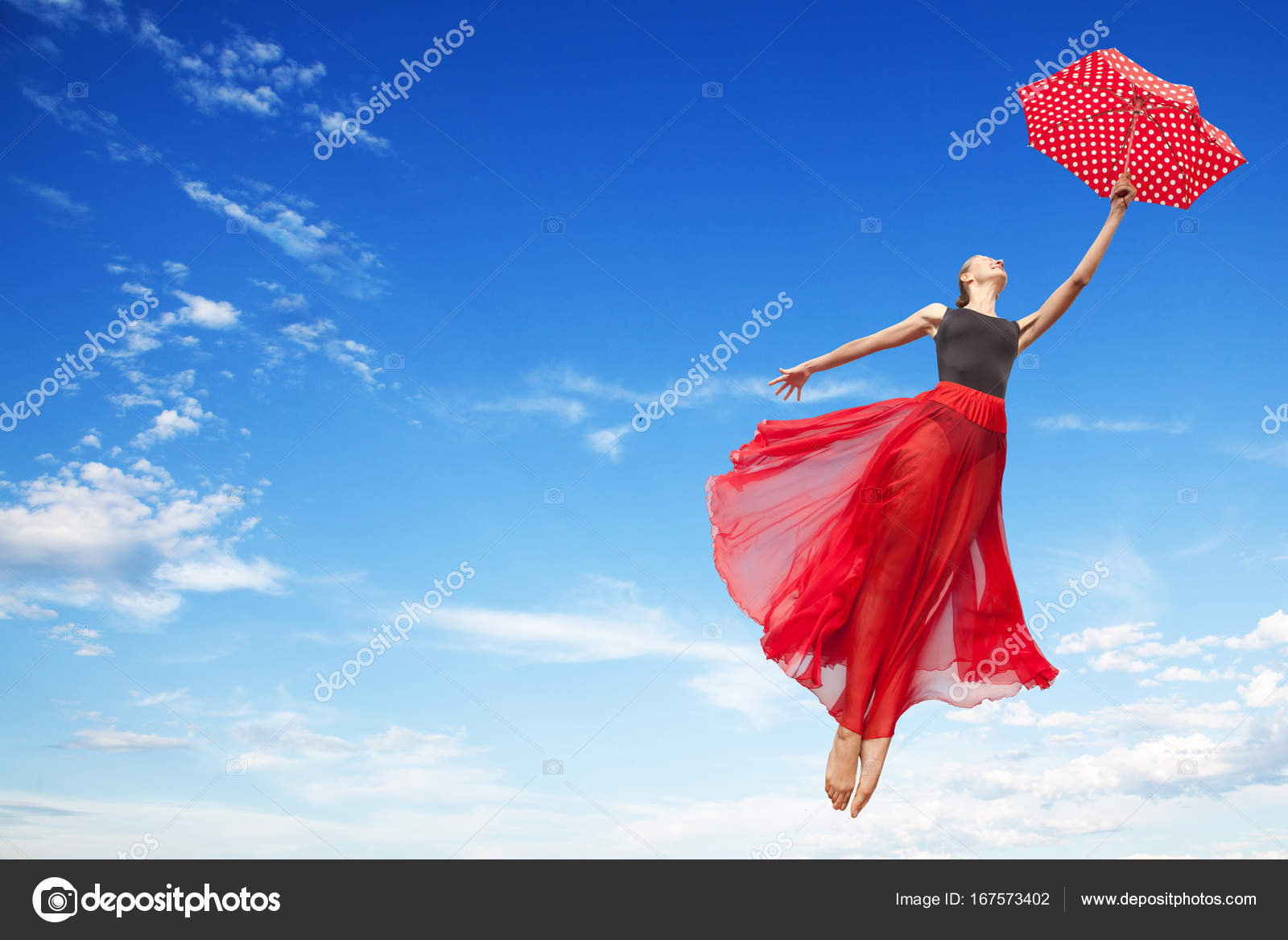Young Woman Flying in the Sky with Red Umbrella — Stock Photo