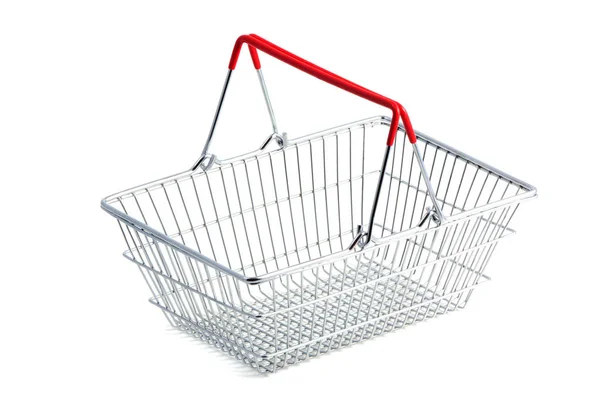 Cesta de compras de metal vazio no fundo branco — Fotografia de Stock