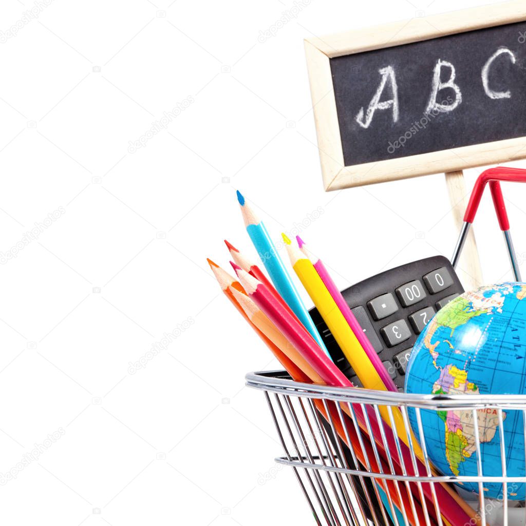Back to School Concept - Stationery in a Shopping Cart