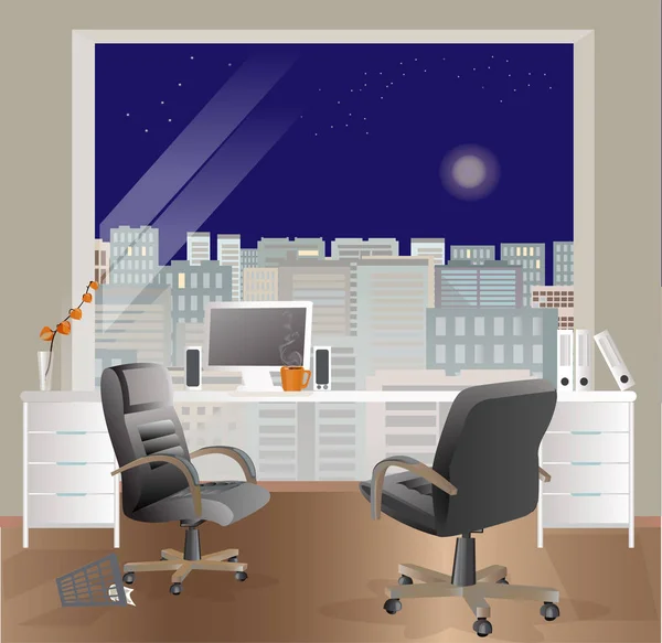 Ofis işyeri iç tasarım. İş nesnelerini, öğeleri ve ekipman. Gece gökyüzü. — Stok Vektör