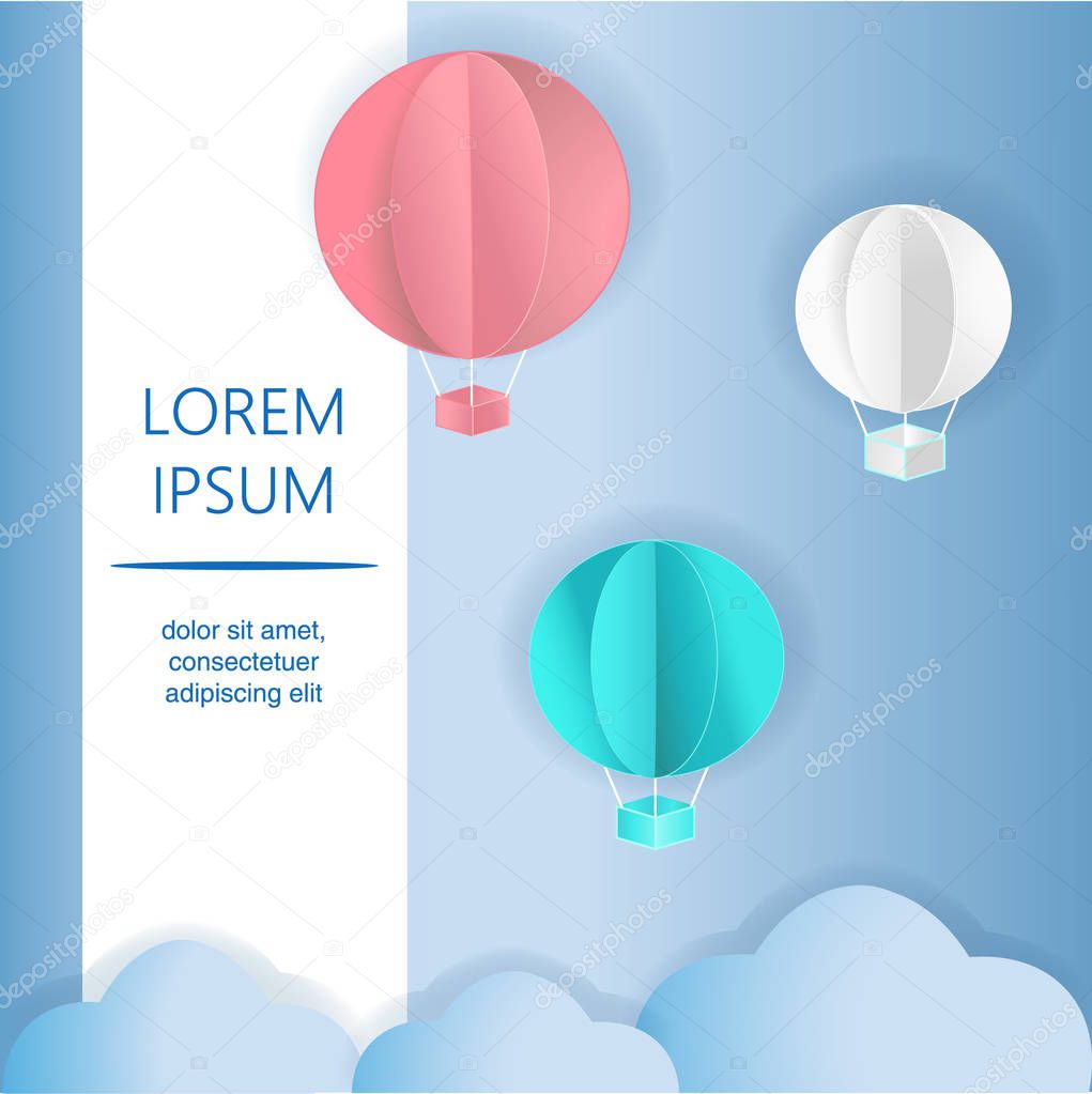 Banner or flyer with balloons in the style of paper design on a blue background. Vector cute picture