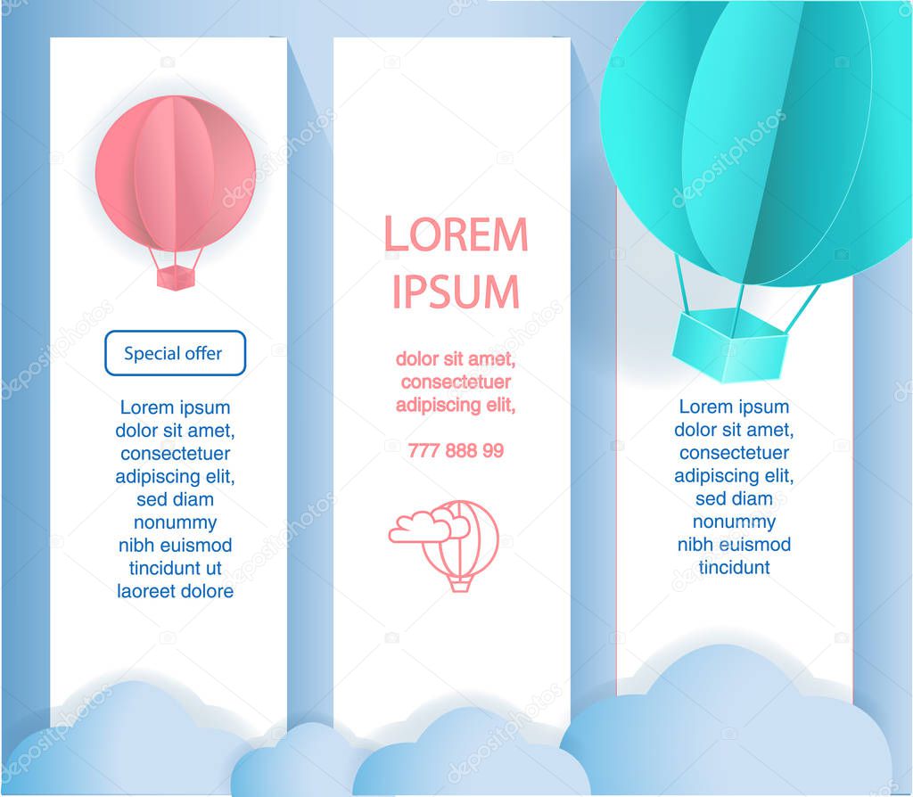 Banner or flyer with balloons in the style of paper design on a blue background. Vector cute picture