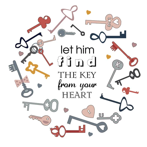 Lass ihn den Schlüssel von dir finden. Vektorbild von Schlüsseln. Schriftzug im Cartoon-Stil. — Stockvektor