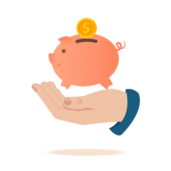 Um banco porquinho. A mão segura um banco porquinho, a moeda cai num banco porquinho. Linda rosa piggy vetor ilustração . —  Vetores de Stock