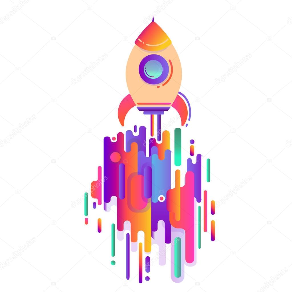 Space rocket, the concept of starting a business. Modern style abstraction with composition made of various rounded shapes in color, a modern image of a flying rocket and the moon