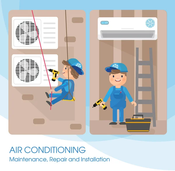 Bir vektör düz resim. Uzmanlar ekipmanı ile çalışmak. Kurulması ya da tamiri Klima. Başlık sayfası veya poster tasarım için grafik öğeleri