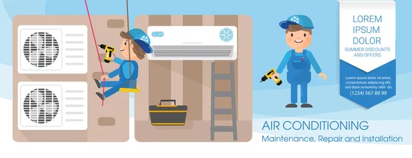 Bir vektör düz resim. Uzmanlar ekipmanı ile çalışmak. Kurulması ya da tamiri Klima. Başlık sayfası veya poster tasarım için grafik öğeleri