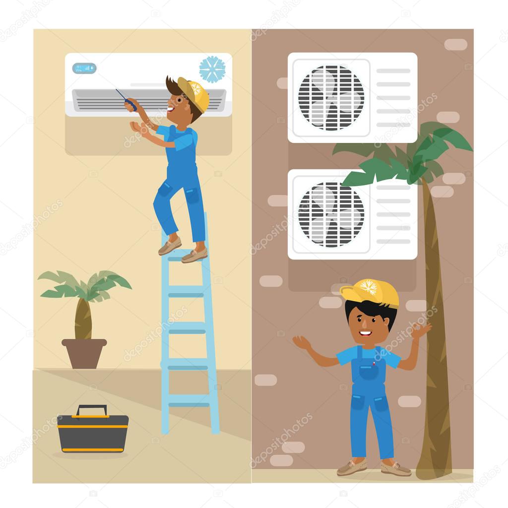 A vector flat picture. Specialists work with equipment. Installation or repair of air conditioner. Graphic elements for banner or poster design