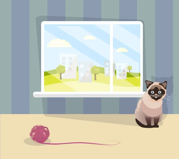 Le chat dans la chambre et la boule de fils — Image vectorielle