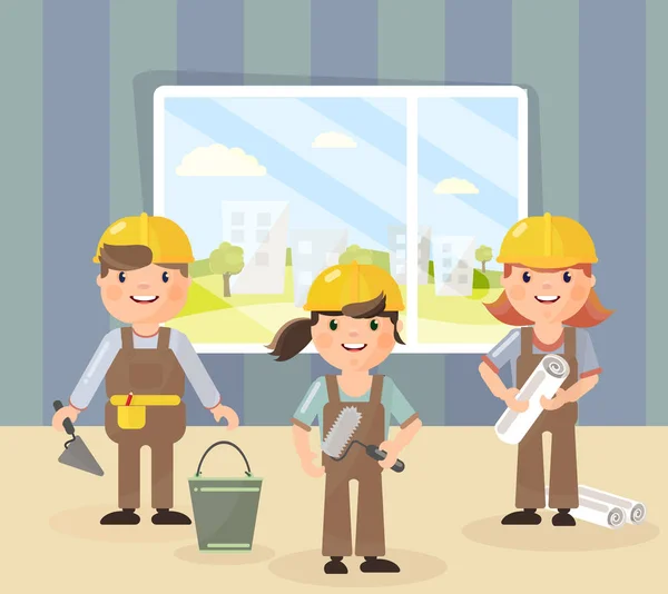 Reparación y un equipo de reparadores en cascos, van a hacer reparaciones y construcción en el apartamento — Vector de stock