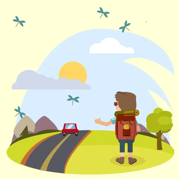 ベクター形式の画像は、夏の自然と旅行の状況。少年は道路に車を引く. — ストックベクタ