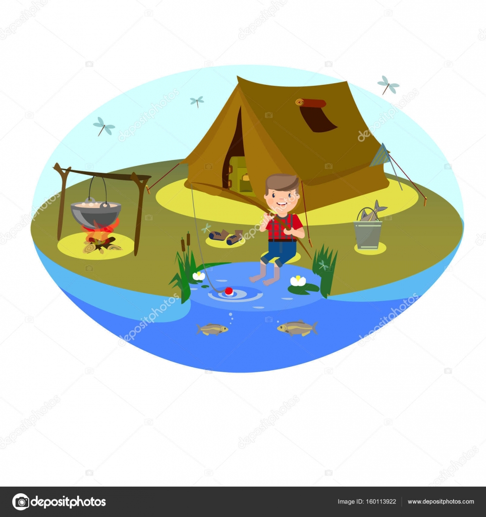 Clipart vectorial para turismo y pesca. El chico está pescando en el lago.  Tienda o camping en el claro y hoguera. La comida en el caldero está cocida  . Vector de stock #