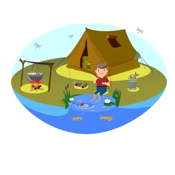 Vector clipart voor toerisme en visserij. De jongen is de visserij op het meer. Tent of kamperen in de clearing- en vreugdevuur. Het eten in de ketel wordt gekookt. — Stockvector