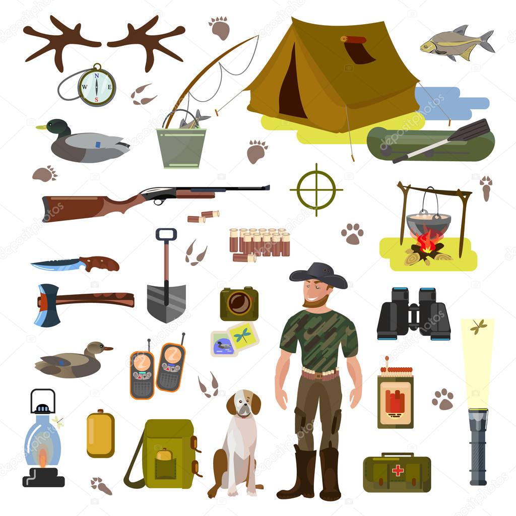 A set of vector pictures on the topic of hunting. Hunter with a dog and a gun, accessories of a hunter and a fisherman. Isolated images of the current color palette