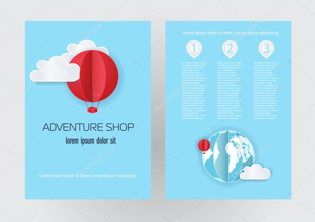 Banner or flyer with balloons in the style of paper design on a blue background. Vector cute picture