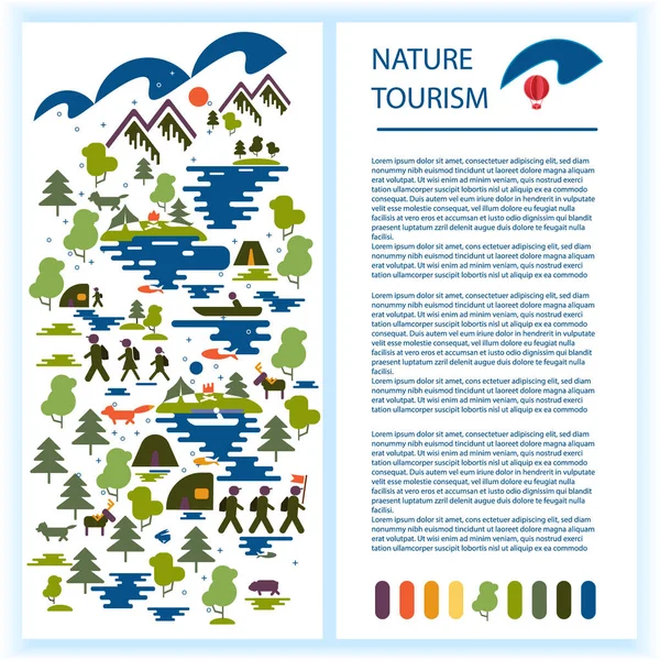 Mise en page du livret touristique ou de la publicité. Images de touristes, forêt, montagnes, lac, pêche, animaux sauvages. Tourisme écologique — Image vectorielle