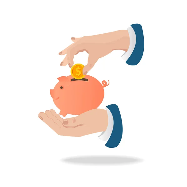 Векторная иллюстрация свиньи в банке. Рука держит свинью, копилка евро попадает в копилку свиньи. Концепция банковского или бизнес-обслуживания. Векторное изображение — стоковый вектор