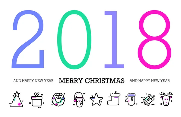 Blahopřání do nového roku. 2018. barevné, moderní formu abstrakce. Ilustrace. Vícebarevné čísla a písmena, řádek ikon. Vektorový obrázek — Stockový vektor