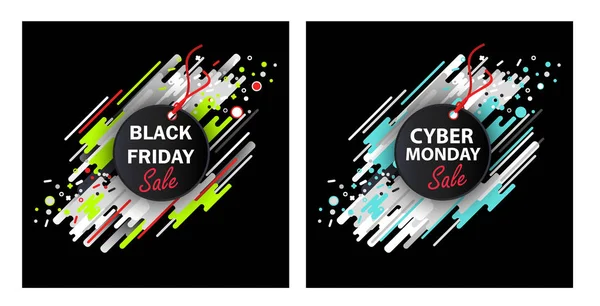 Black Friday et Cyber Monday. Ensemble de deux bannières de vente, ovales et rayures, fond abstrait, bannière ronde, publicité. Illustration vectorielle — Image vectorielle