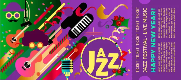 Caz Festivali müzik aletleri ile bilet için şablon. Saksafon ve piyano tuşları ve gitar illüstrasyon. Caz müzik renkli Festivali. Noel ve yeni yıl müzik etkinliği