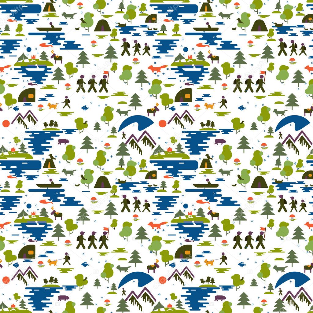 Seamless pattern. Icons of tourism in nature, the family goes on a hike, ecotourism, a fisherman in a boat, nature types: mountains, forest, meadow, coniferous forest, field, sea, lake. Group of tourists traveling. Adventures and camping, tents, fire