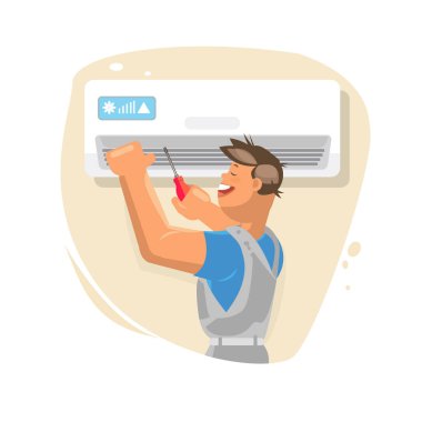 Klima tamiri. Bakım ve soğutma sistemleri montajı. Garanti kapsamındaki onarım ve temizleme ve değiştirme filtreleri. Profesyonel Klima Onarım vektör. Adam elektrikçi yükleme Klima. Düz çizgi film illüstrasyon