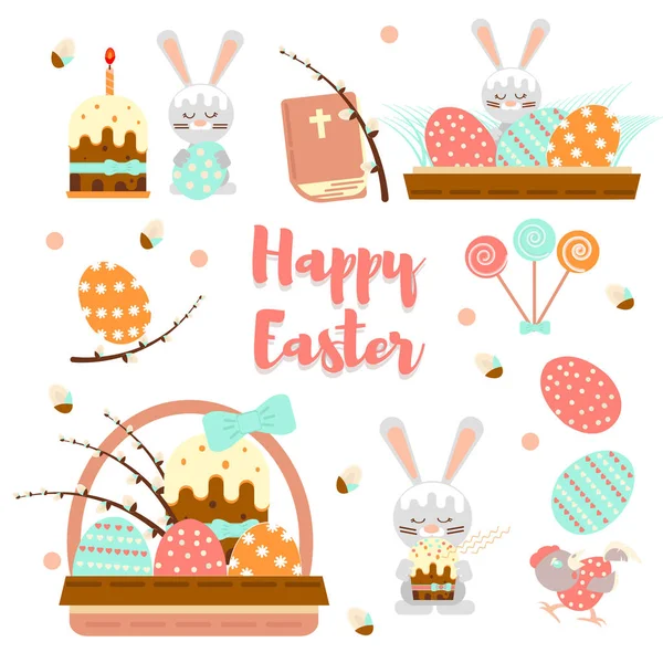 Барвистий Набір Щасливі Великодні Вітальні Листівки Кроликом Кроликом Яйцями Тортами — стоковий вектор