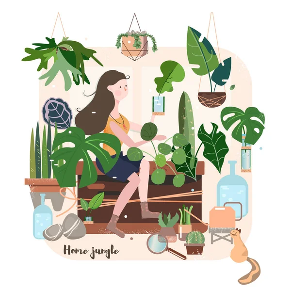 Mujer joven cultivando plantas caseras Selva urbana, ilustración de moda — Vector de stock