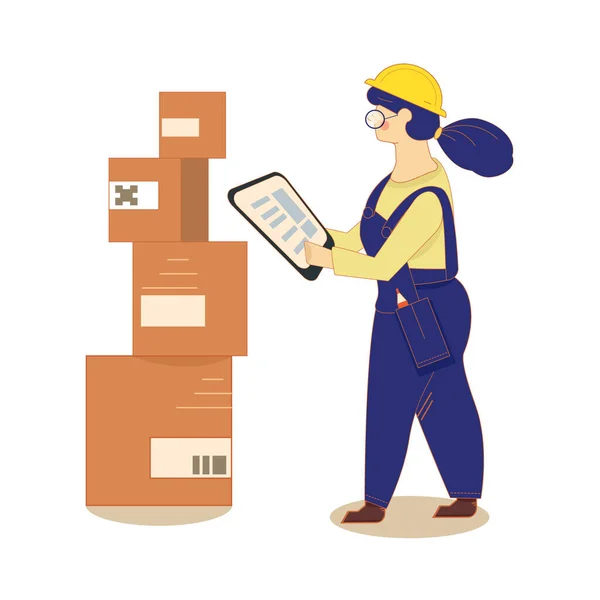 Depoda bir kadın tablet üzerinde çalışıyor. Raflardaki kutuları topluyorum. Depo