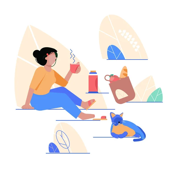 Kobieta siedzi w parku i pije kawę, herbatę. Płaski styl wektor ilustracji — Wektor stockowy